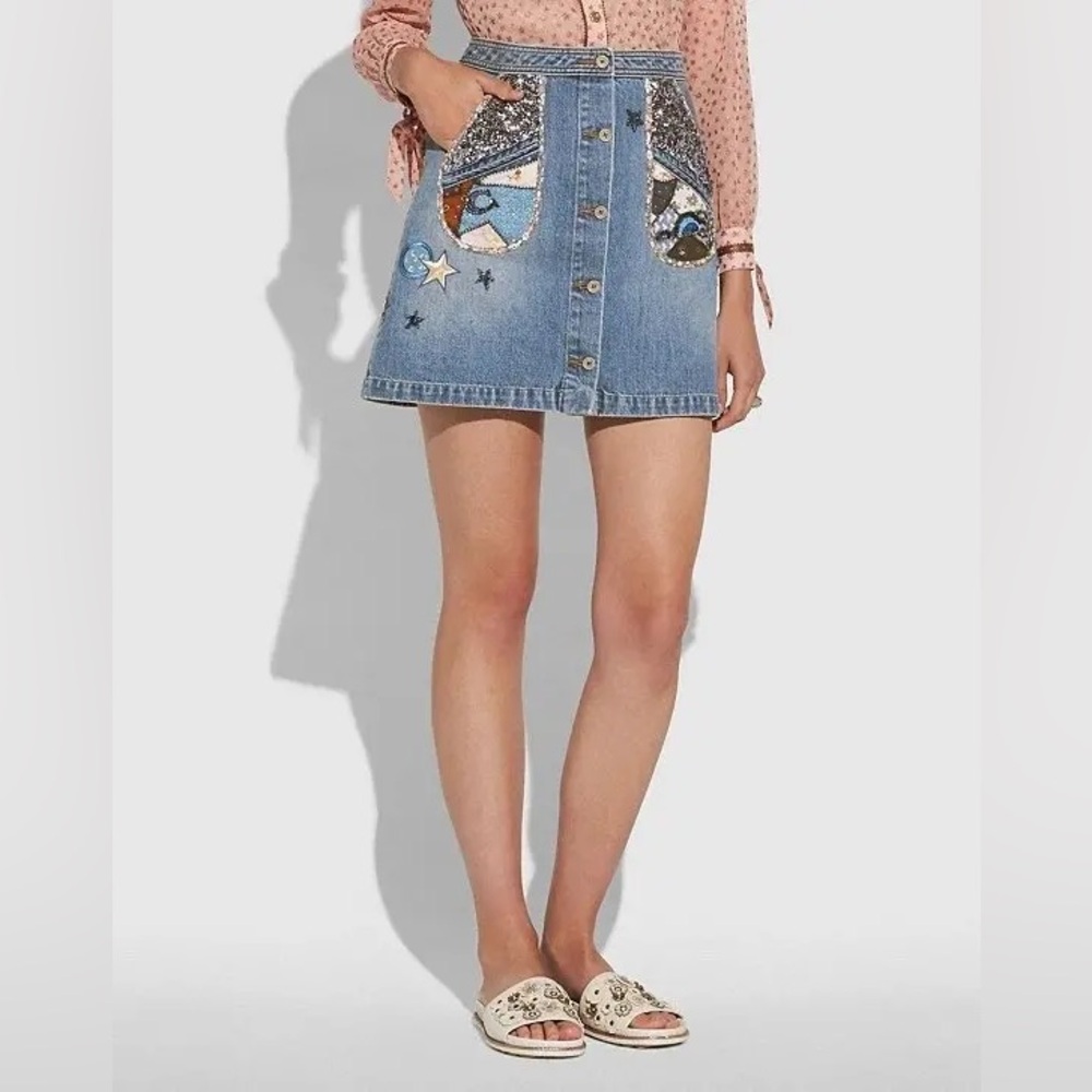 Coach NWOT 100% Cotton Denim Patchwork Button Up Sequin Embroidery Skirt- Size 4 - Picture 2 of 13